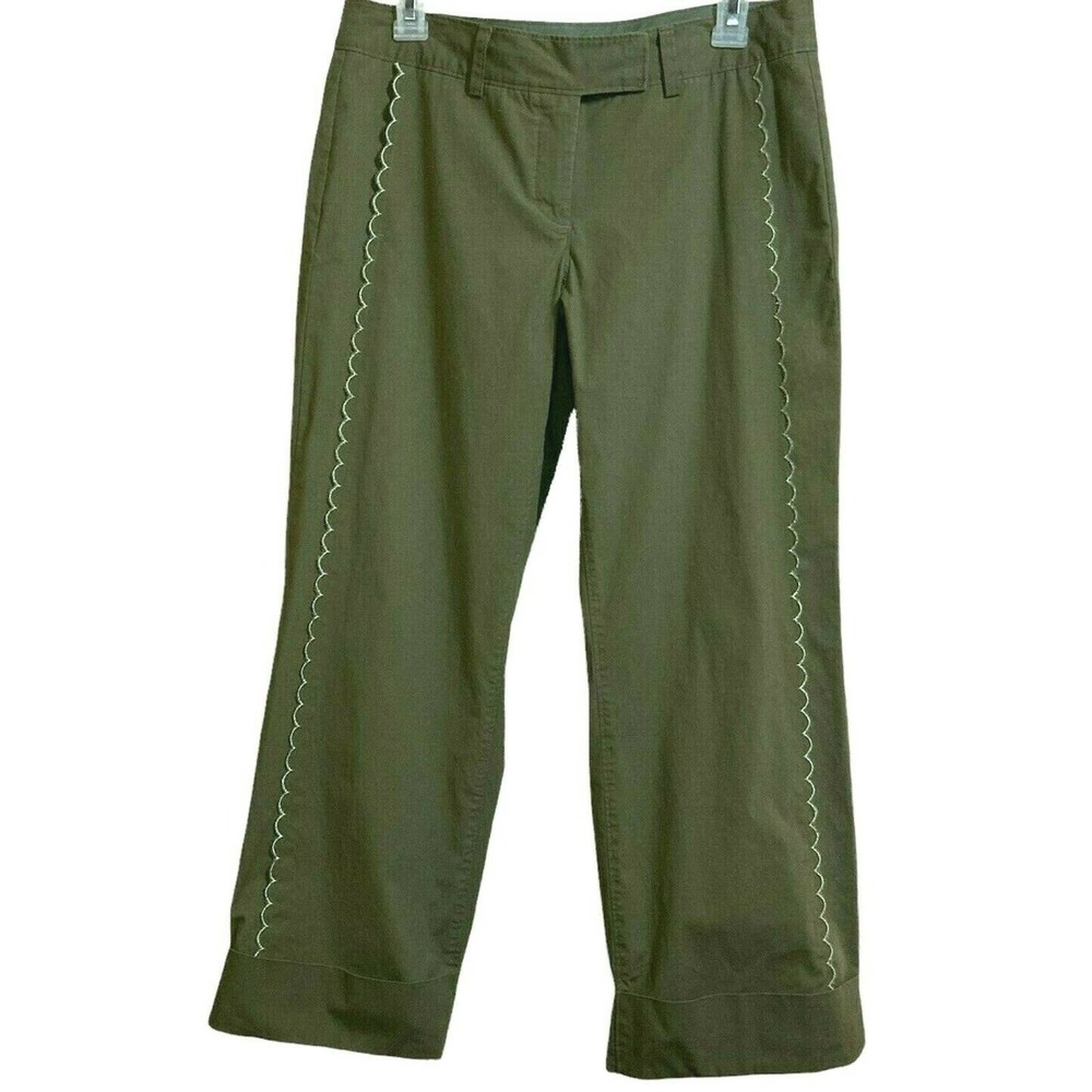 Anthro Crop Wide Leg Pant Size 6 Green Flat Front Embroidered Detail 32 x 26